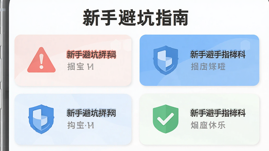 手机屏幕显示“新手避坑指南”提示页面,页面中有红色警示图标与蓝色提示图标,旁边有盾牌与勾选标记,布局为上下排列的提示卡片,风格为扁平化信息提示插画,细节清晰,画质干净,无多余元素