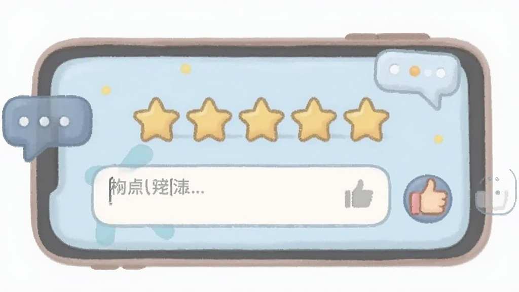 手机屏幕显示评价页面,页面中有五角星评分条与文字输入框,旁边有对话气泡与点赞图标,布局居中,风格为柔和圆角插画,细节清晰,画质干净,无多余元素