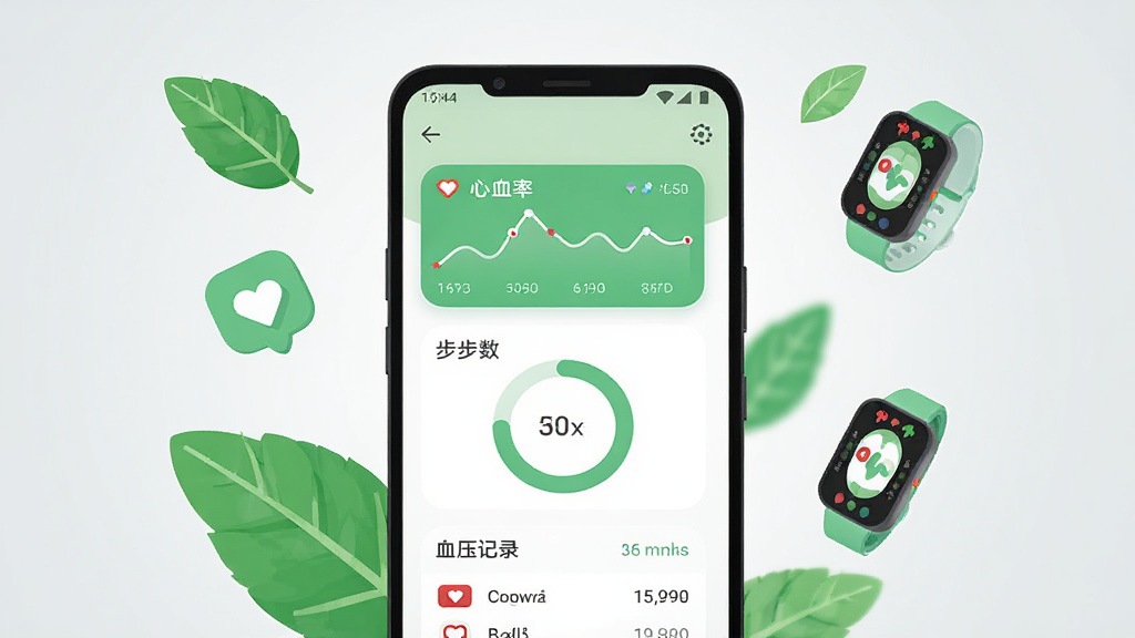 画面中央是一部竖屏安卓手机,手机屏幕上显示健康管理类应用界面,包含心率曲线卡片、步数环形图和血压记录列表,手机周围漂浮着绿色树叶、心形图标和运动手环元素,整体采用清新浅绿色与白色搭配的扁平化设计风格,背景为柔和的浅灰渐变,细节干净利落,画质清晰,无多余装饰元素