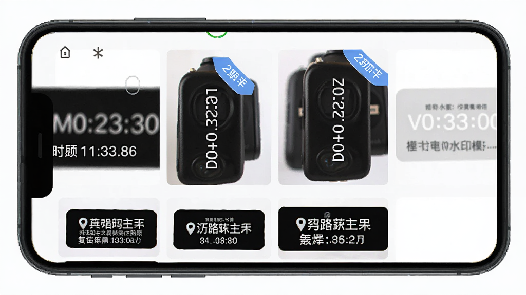 时间戳水印相机应用内水印模板选择界面,手机屏幕显示多个水印样式缩略图,包括横排时间戳、竖排日期角标、带地理位置的复合水印等,界面配色清爽,布局整齐,画质清晰干净