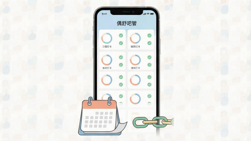 一张手机应用界面示意图,画面主体为“偶舒吧管”习惯打卡页面,屏幕内以网格形式排列多个打卡项目,每个项目旁带有圆形进度环与对勾标记,手机下方以扁平插画风格绘制日历翻页与连续打卡的链式图标,整体排版居中,风格简洁柔和,细节清晰,画质干净,无多余元素