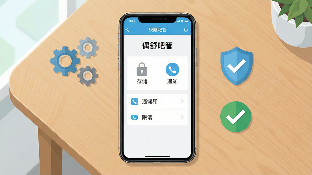 一张手机操作场景示意图,画面展示一部手机放置在桌面上,屏幕显示“偶舒吧管”应用的权限设置引导页面,页面内以简洁图标示意存储、通知等权限选项,手机旁以扁平风格绘制齿轮、盾牌、对勾等小元素,整体布局居中,风格干净清爽,细节清晰,画质明亮,无多余装饰