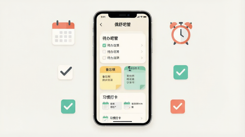 一张手机界面展示图,画面中央是一部竖屏智能手机,屏幕上呈现“偶舒吧管”应用的主界面,界面采用浅色背景配圆角卡片布局,卡片内可见待办清单、备忘便签、习惯打卡等模块的示意图形,手机周围以简洁的扁平化插画风格点缀日历、闹钟、复选框等小图标,整体排版居中对称,风格清爽简约,细节干净利落,画质清晰,无多余装饰元素