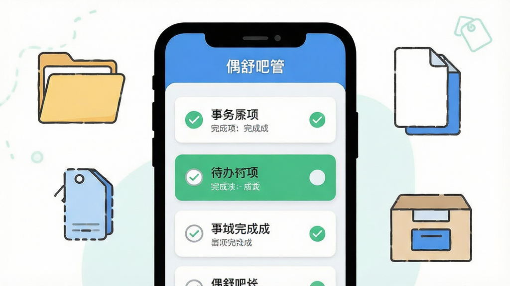 一张扁平化插画风格的手机界面图,画面中央展示“偶舒吧管”应用的事务管理面板,面板内以卡片形式排列多条待办事项,每条事项前带有圆形勾选框,部分条目显示已完成状态,手机两侧以简笔线条点缀文件夹、标签、归档盒等元素,布局居中,风格清新明快,细节干净,画质清晰,无多余元素