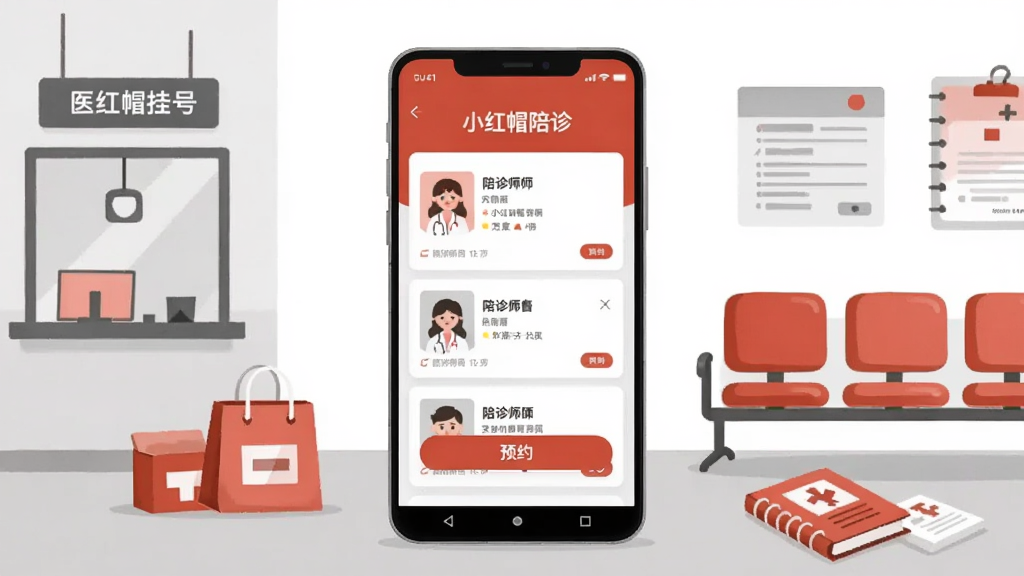 画面中央放置一部竖屏安卓手机,手机屏幕上显示“小红帽陪诊”应用首页界面,界面内有陪诊师列表卡片与预约按钮,手机两侧分布医院挂号窗口、候诊座椅、药袋与病历本等元素,整体采用扁平插画风格,配色以暖红与浅灰为主,背景干净留白,细节清晰,画质高清,构图居中对称,无多余装饰元素