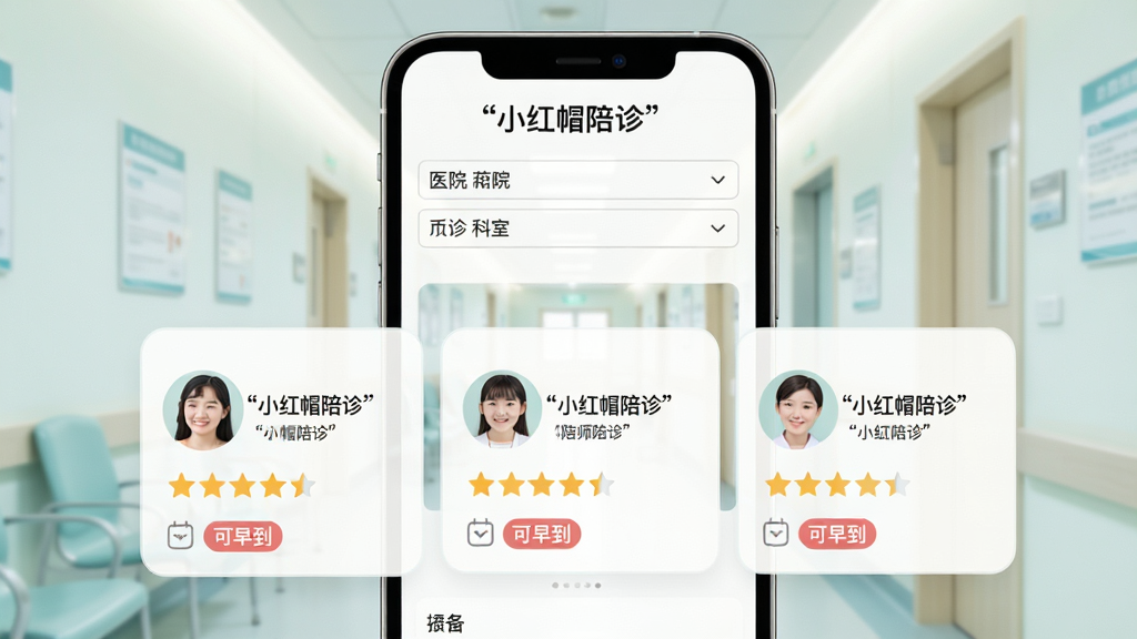 手机屏幕中展示“小红帽陪诊”陪诊师筛选页面,页面顶部有医院与科室下拉选项,中部为三张陪诊师资料卡片,卡片内含头像、星级评分与“可早到”标签,背景为浅色诊室走廊,风格简洁明快,画质清晰,文字使用引号标注“小红帽陪诊”,整体干净无杂乱元素