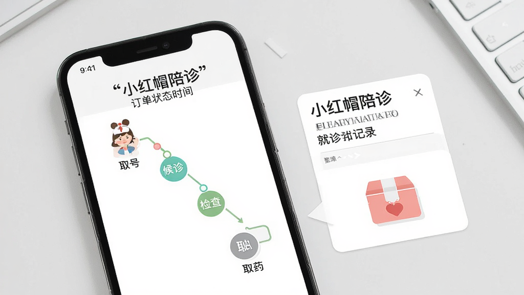 画面为一张手机订单详情页,页面中展示“小红帽陪诊”订单状态时间轴,包含取号、候诊、检查、取药四个节点,旁边配有整理好的就诊记录卡片与药盒图标,背景为浅灰桌面,风格清爽扁平,画质高清,文字“小红帽陪诊”以引号标注,布局整齐,无多余元素