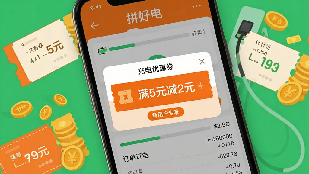 手机屏幕特写,屏幕中央弹出“充电优惠券”弹窗,显示“满5元减2元”和“新用户专享”字样,背景是拼好电充电订单页面;手机旁边散落着几张实体优惠券插画和金币图标;风格为清新扁平风,色彩明亮,以橙色和绿色点缀;细节包括电量进度条和计费明细小字;画质清晰,干净,无多余元素