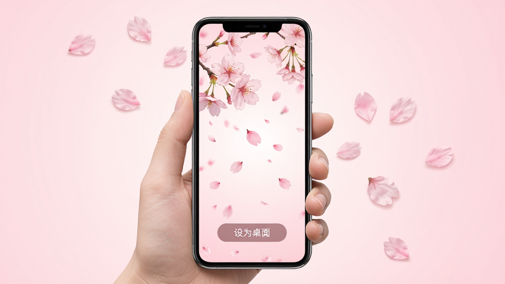 主题动态壁纸大全移动端使用场景图,画面展示一只手握着智能手机,手机屏幕上正在播放一款动态樱花飘落的壁纸,屏幕下方有