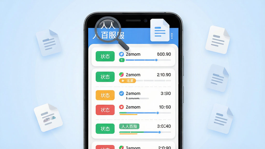 人人佰服软件界面展示图,画面为一部安卓手机正面平放,屏幕内呈现业务记录列表页面,每条记录左侧有状态色块,右侧显示时间与进度文字,手机上方悬浮放大镜与文档图标,背景为浅蓝色渐变,布局上手机居中、图标环绕,风格清爽扁平化,细节包括列表分割线、圆角卡片、状态标签,画质高清干净,画面中文字为“人人佰服”