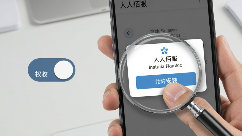 安卓手机安装应用操作示意图,画面为一只手握持手机,屏幕显示安装确认弹窗界面,旁边有放大镜聚焦“允许安装”按钮,背景为浅灰色桌面环境,布局上手机占据画面右侧三分之二,左侧留白放置权限开关图标,风格写实简洁,细节包括手指按压动作、弹窗阴影、按钮高亮,画质清晰干净,画面中文字为“人人佰服”