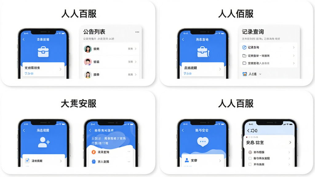 人人佰服功能特色展示图,画面由四张圆角卡片拼合而成,分别呈现公告列表、记录查询、消息提醒、账号安全四个功能场景,每张卡片内为简化的手机界面示意,卡片之间留白均匀,整体布局为两行两列网格,风格现代简约,细节包括浅色阴影、蓝色图标点缀、白色背景,画质清晰干净,卡片上方标注“人人佰服”字样