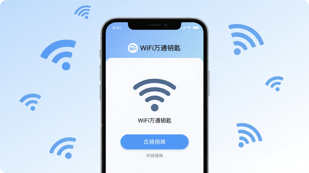 һ����Ϊ��WiFi��ͨԿ�ס��İ�׿�ֻ�Ӧ��������չʾͼ�������������ֻ���Ļ����Ļ�ϳ��ּ��������������ӽ��棬����WiFi�ź�ͼ�������Ӱ�ť������Ϊ��͵����׽���ɫ������Χ��׺����������WiFi�źŷ��ţ���������ˬ�ִ�����ƽ����ƣ������������ɾ����࣬�޶���Ԫ��
