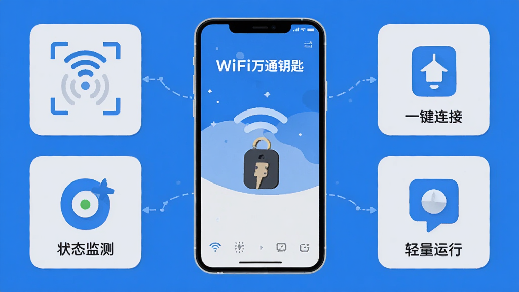 һ����Ϊ��WiFi��ͨԿ�ס�����������ʾ��ͼ���������ֻ�Ϊ���ģ����ܻ���չʾ�ź�ɨ�衢һ�����ӡ�״̬��⡢���������ĸ�����ͼ��ģ�飬���ñ�ƽ�廭�����ɫ��Ϊ�Ƽ�����ǳ�ң����ֶԳ����࣬ϸ�ھ��£����������������ɾ�������Ԫ��
