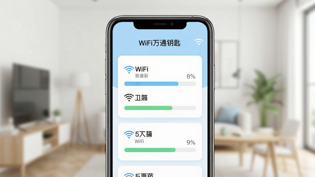 һ����Ϊ��WiFi��ͨԿ�ס����ֻ�Ӧ���ȵ�ɨ�蹦�ܽ���չʾͼ������������һ�������ֻ�����Ļ����ʾ���WiFi�ȵ��������ź�ǿ������������ÿ�Ƭʽ���֣���ɫΪǳ�����ɫ������Ϊ��Լ�����ڻ����黯Ч��������������죬ϸ�����������ʸɾ����޶���Ԫ��
