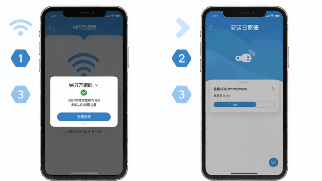 һ����Ϊ��WiFi��ͨԿ�ס����ֻ�Ӧ�ð�װ��Ȩ����������ʾ��ͼ������չʾ�ֻ���Ļ�ϵ�Ȩ����Ȩ�����밲װ���Ƚ��棬�Ա����м��Ĳ�����ű�ʶ�����ñ�ƽ����Ϣͼ�����ɫΪ���׻ң�������������ϸ�ڸɾ��������������޶���װ��Ԫ��