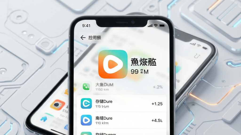 一张表现手机存储空间管理的示意图,画面中手机屏幕显示应用占用空间对比列表,大鱼短剧图标旁边标注较小的存储占用数值,背景为浅灰色科技风格,布局简洁,细节清晰,画质高清,干净无多余元素