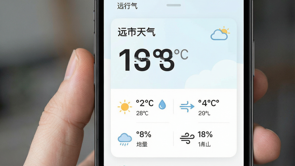 一张手机应用界面图,画面主体为天气数据卡片,卡片内包含温度数字、湿度图标、风力箭头等元素,布局采用上下分层结构,上方为城市名称与温度,下方为多项气象指标,风格为清爽浅色UI,细节强调图标与文字的清晰对比,画质高清,画面干净,无多余元素,画面中可出现“远行天气”字样