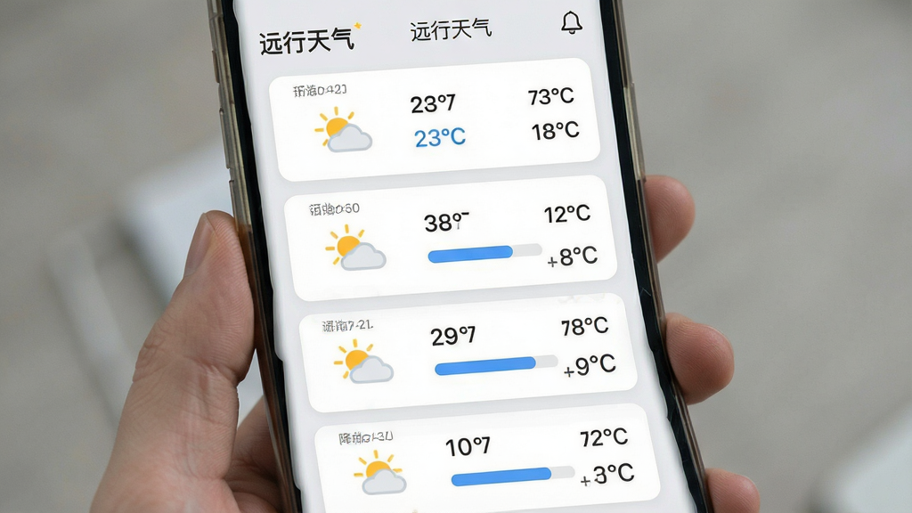 一张手机屏幕截图风格图片,画面主体为多日天气趋势列表,包含日期、天气图标、温度区间与降水概率条,布局为纵向列表排列,风格为极简卡片式设计,细节包括浅灰背景、白色卡片、彩色天气图标,画质高清,画面干净,无多余元素,画面中可显示“远行天气”文字