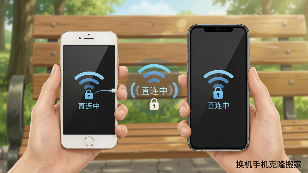 两部手机在无网络环境下通过本地热点建立连接进行数据传输的场景插画,画面中旧手机与新手机之间显示“直连中”的无线信号波纹,周围没有路由器或基站元素,背景为户外公园长椅场景,风格清新写实,细节突出无线直连图标与加密锁标志,画质清晰,画面干净,无多余元素,图片角落标注“换机手机克隆搬家”