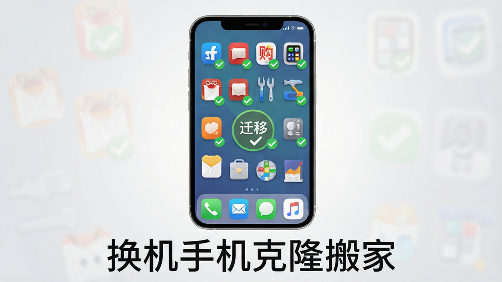一部新手机屏幕上应用图标整齐排列并带有“迁移完成”对勾标记的插画,画面以新手机为主体居中展示,应用图标包括社交、购物、工具等类别,每个图标右下角有绿色对勾,背景为浅灰色渐变,风格简洁明快,细节突出图标排列的整齐感与完成状态,画质高清,画面干净,无多余元素,图片下方用文字标注“换机手机克隆搬家”