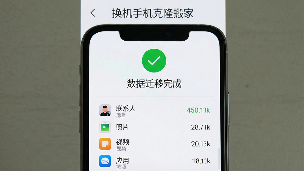 一部手机屏幕显示换机手机克隆搬家迁移完成界面,画面主体为手机特写居中,屏幕上呈现绿色对勾与“数据迁移完成”文字,下方列出联系人、照片、视频、应用等已迁移数量统计,风格为清爽扁平化UI,细节突出完成状态与统计数字,画质清晰,画面干净,无多余元素,屏幕上方标注“换机手机克隆搬家”