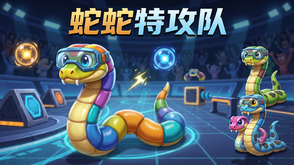 画面主体是一条色彩鲜艳的卡通蛇形角色,身体由多个圆润节段组成,头部带有科技感护目镜,背景为未来感竞技场,周围散落着发光能量球与障碍物,布局上蛇形角色位于画面中央偏左,右侧展示三个不同造型的队友蛇形角色,排版采用游戏宣传海报风格,细节包括能量光效、地面网格纹理、远处观众席剪影,画质高清,干净,无多余元素,图片上方用大字写