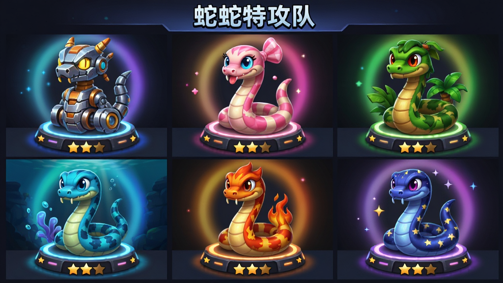 展示界面中排列着六款不同造型的卡通蛇形角色皮肤,包括机械风、糖果风、丛林风、深海风、火焰风、星空风,布局为两行三列的网格展示,排版为游戏商城陈列风格,细节包括每款皮肤下方的星级标签、展示台底座的光效、背景中的渐变光晕,画质精美,干净,无多余元素,顶部用文字写