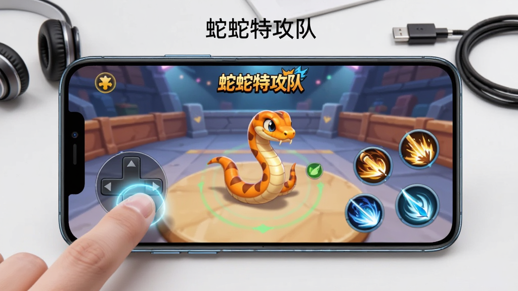 一部智能手机横屏显示卡通蛇形角色在竞技场中移动,屏幕左侧为虚拟摇杆,右侧为技能按钮,布局上手机位于画面中央,背景为简洁的桌面环境,排版为产品展示风格,细节包括手机屏幕上的游戏画面、手指触控操作的示意光效、桌面上的耳机与充电线,画质清晰,干净,无多余元素,手机屏幕上方用文字写