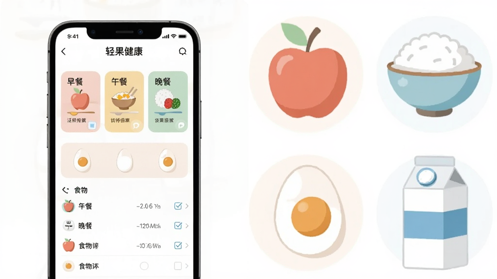 画面采用左右分栏布局,左侧为手机界面截图样式展示“轻果健康”饮食记录页面,页面中有早餐、午餐、晚餐三个卡片和食物勾选列表,右侧以插画形式排列苹果、米饭、鸡蛋、牛奶等食物图标,风格为扁平清新插画风,细节上色彩柔和、留白充足,画质干净清晰,无杂乱背景元素