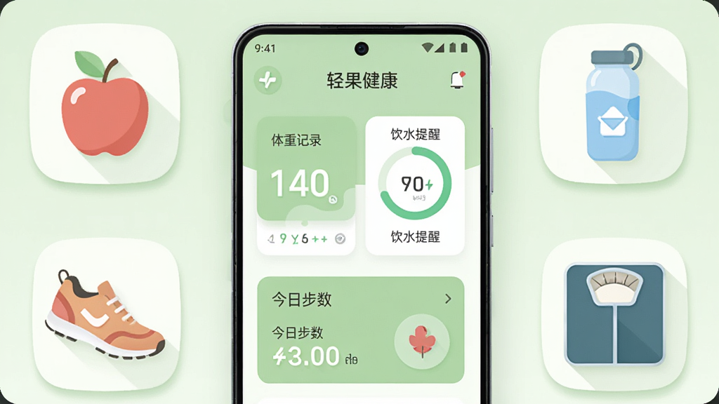 画面中央是一部竖屏安卓手机,手机屏幕上显示“轻果健康”应用主界面,界面包含体重记录卡片、饮水提醒进度环和今日步数模块,手机周围以扁平化图标环绕布局展示苹果、水杯、运动鞋和体重秤等健康元素,整体采用清新浅绿色与白色搭配的简约风格,细节上图标圆角柔和、阴影轻淡,画质清晰干净,无多余装饰元素