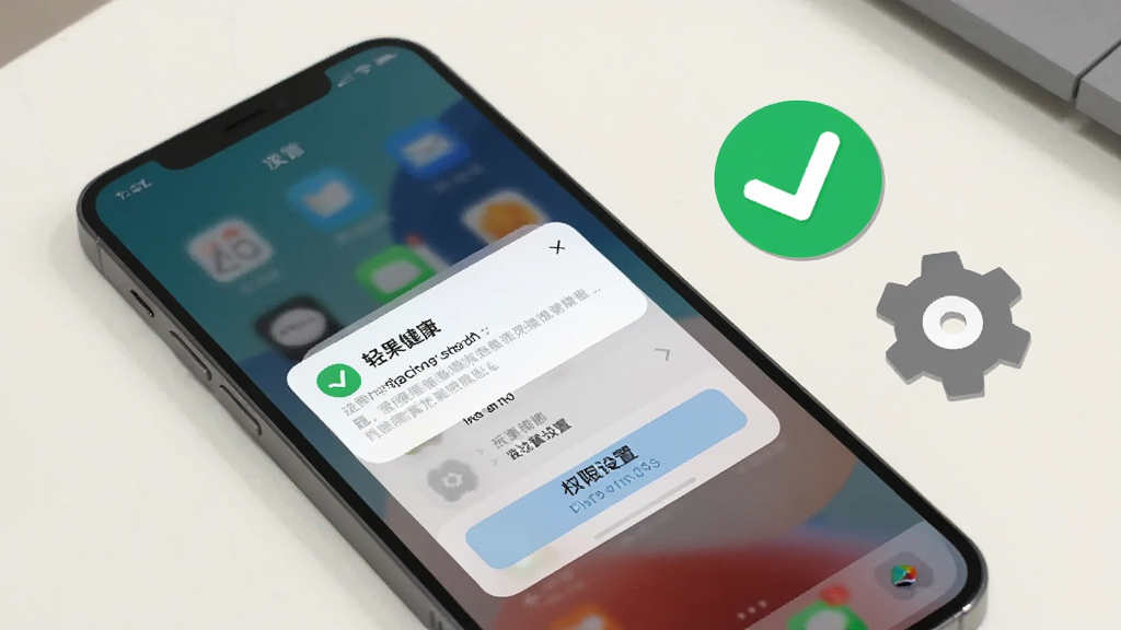 画面为一部手机斜放在浅色桌面上,屏幕显示“轻果健康”通知提醒弹窗与权限设置界面,手机旁边摆放一个绿色对勾图标和一个灰色齿轮图标,布局简洁居中,风格为扁平化信息图风,细节上弹窗卡片圆角柔和、图标线条简洁,画质清晰干净,无多余元素