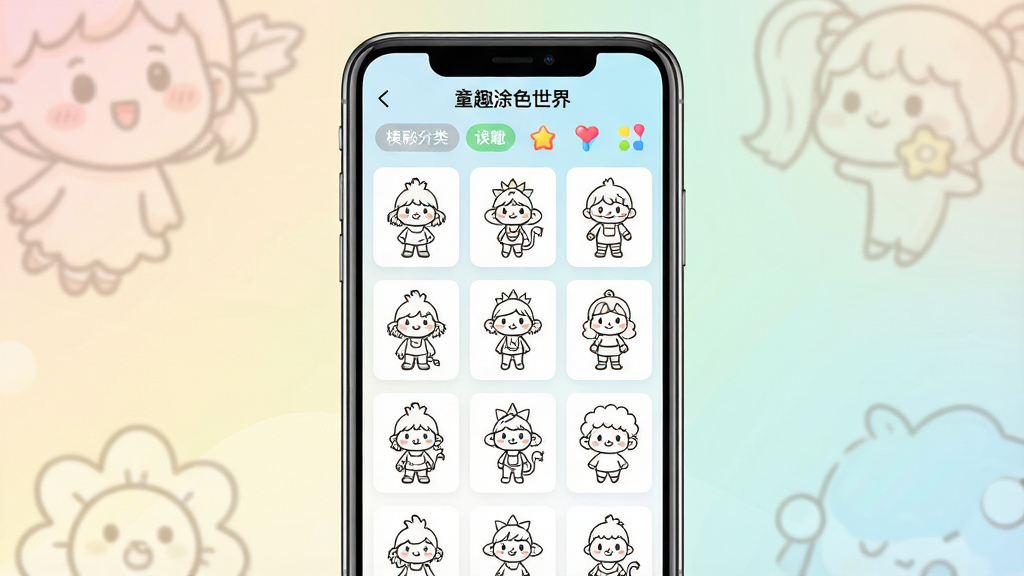 画面主体为手机屏幕中展示的涂色模板选择界面,屏幕上排列着多张卡通线稿缩略图,布局为手机居中、缩略图呈网格状分布,排版整齐有序,风格为清新明快的UI界面插画风,细节包含分类标签、彩色图标、柔和背景渐变,画质高清干净,屏幕中可出现文字“童趣涂色世界”,无多余元素