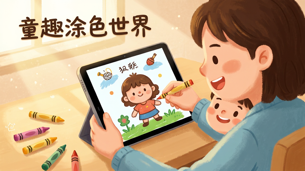 画面主体为一位家长与孩子共同拿着平板电脑涂色的温馨场景,屏幕上显示已上色的卡通图案,布局为人物位于画面中央偏右、平板居于两人之间,排版自然生活化,风格为温暖治愈系插画风,细节包含柔和光线、彩色蜡笔散落桌面、笑容表情,画质高清干净,画面中可出现文字“童趣涂色世界”,无多余元素