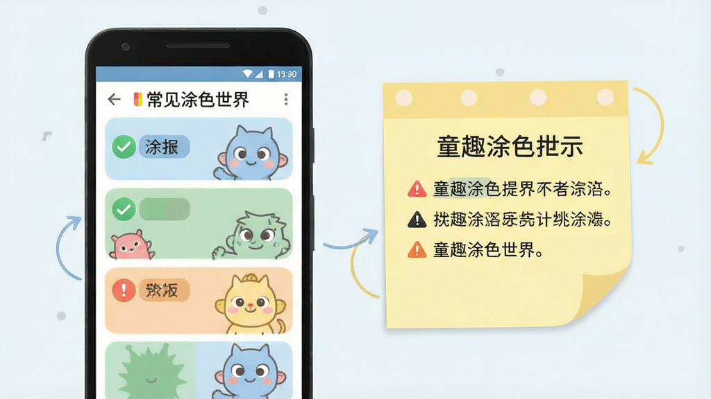 画面主体为一部安卓手机屏幕显示涂色软件运行界面,旁边放置一张写有常见问题提示的便签卡片,布局为手机居左、便签居右,排版简洁明了,风格为清爽扁平化信息图风,细节包含对勾图标、警示图标、柔和色块分区,画质高清干净,画面中可出现文字“童趣涂色世界”,无多余元素