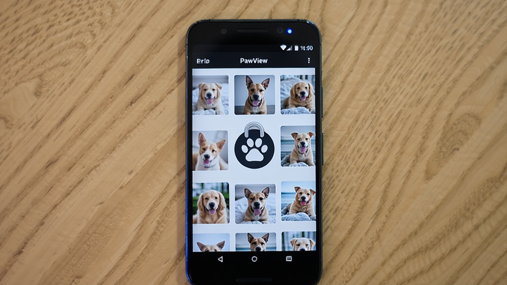 一部安卓手机放置在桌面上,屏幕显示“PawView”的加密相册界面,界面中央有一个爪印形状的锁图标,周围环绕着宠物照片缩略图,布局为正面俯拍构图,风格为简洁科技感,细节包括手机边框、桌面木纹、屏幕蓝光提示,画质高清干净无多余元素