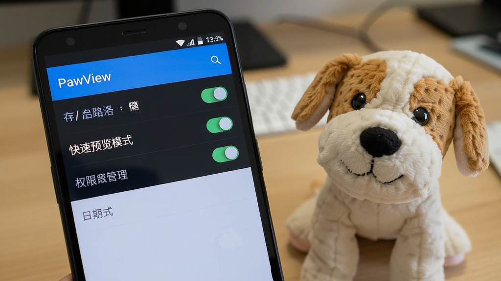 一部安卓手机显示“PawView”的设置界面,界面中有存储路径切换、快速预览模式开关、权限管理入口等选项,手机旁边放着一只毛绒玩具狗,布局为斜侧面构图,风格为生活化产品展示,细节包括屏幕文字清晰可读、开关按钮高亮、背景虚化桌面,画质干净无多余元素