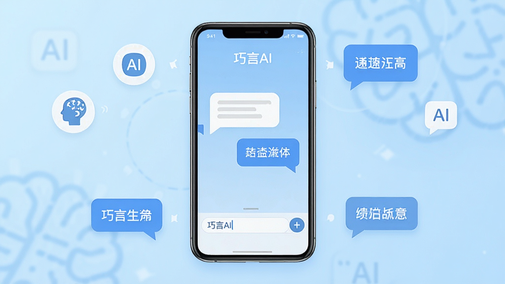 画面中央展示一部智能手机,手机屏幕上呈现巧言AI应用主界面,界面中有对话气泡与输入框,背景为浅蓝色渐变,四周环绕简洁的AI图标与文字气泡元素,整体风格清爽现代,扁平化设计,细节干净,画质清晰,无多余装饰,布局居中对称,文字标注“巧言AI”