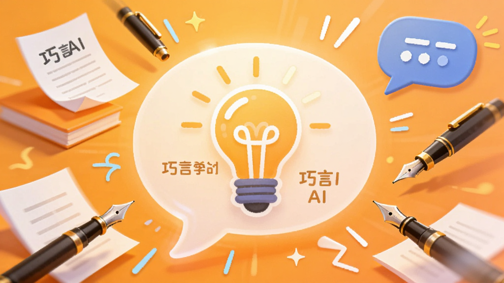 画面中央为发光的文字气泡与创意灯泡图标,周围散布纸张、钢笔、对话框等元素,背景为暖橙色渐变,风格活泼明快,布局呈放射状,细节包含“巧言AI”字样与创意线条,画质清晰干净,无杂乱元素