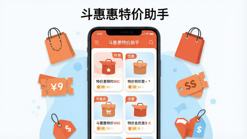 画面主体是一部竖屏安卓手机,屏幕中央展示“斗惠惠特价助手”应用首页界面,界面内排列特价商品卡片与优惠标签;手机周围环绕购物袋、折扣券、价格标签等扁平化小图标,布局采用居中对称构图,上方留白放置应用名称文字,整体风格为清爽明快的扁平插画风,配色以橙红与浅蓝为主,细节处加入圆角卡片与柔和阴影,画质清晰干净,无多余装饰元素