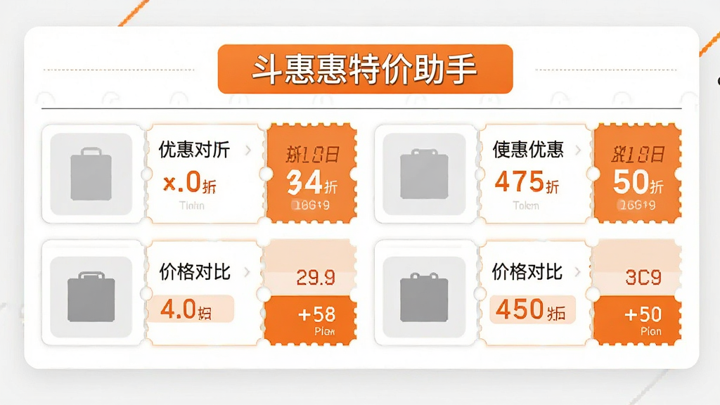 画面主体为一张横向展开的优惠信息面板,面板上分布着“斗惠惠特价助手”字样的标题栏,下方整齐排列多张优惠券卡片与价格对比条,左侧为商品缩略图占位框,右侧为折扣数字;布局采用左右分栏的卡片式排版,风格为简约商务扁平风,配色以白色底、橙色强调色与深灰文字为主,细节加入细线分割与圆角边框,画质干净清晰,无杂乱元素