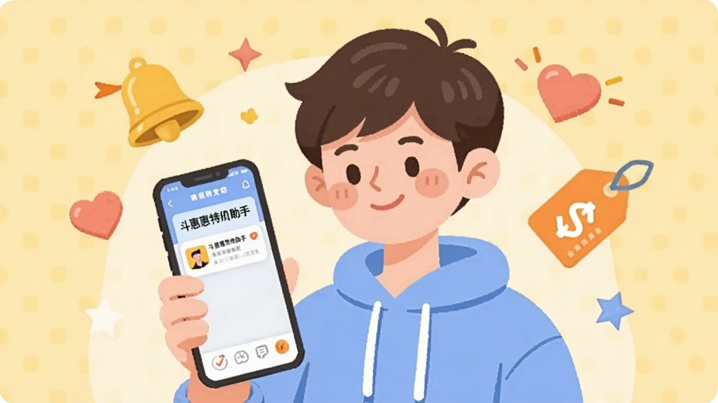 画面主体是一位卡通风格的年轻用户手持手机,手机屏幕上显示“斗惠惠特价助手”的提醒消息卡片,人物周围漂浮着铃铛、爱心收藏、价格标签等元素;布局为人物居中、元素环绕的构图,风格为温馨扁平插画风,配色以浅黄、淡蓝与橙色为主,细节处人物表情轻松愉悦,画质柔和干净,无多余背景杂物