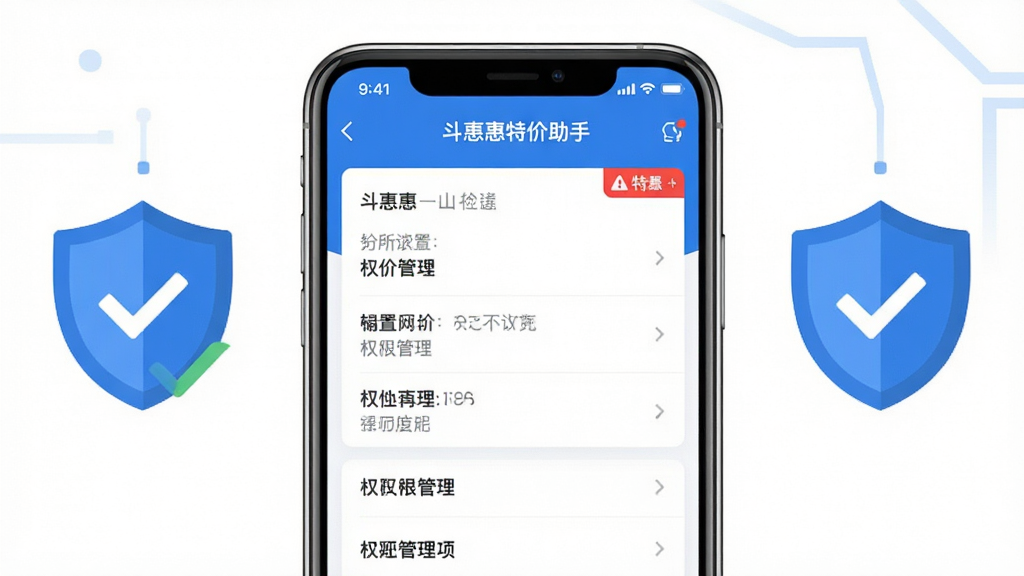 画面主体是一部手机屏幕特写,屏幕上显示“斗惠惠特价助手”的设置与权限管理界面示意,旁边配有一个盾牌图标与勾选标记;布局为手机居中、图标点缀两侧,风格为简洁科技扁平风,配色以蓝白为主、红色警示小标签作点缀,细节处界面元素清晰可辨,画质锐利干净,无多余装饰