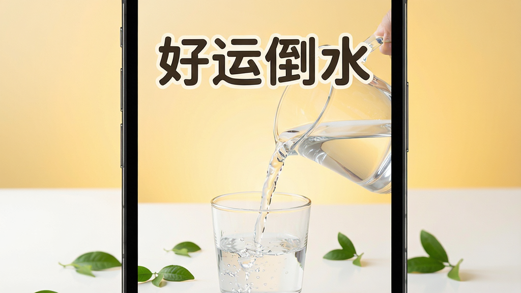 一张手机屏幕特写,画面中央是一个透明玻璃水杯正在向另一个杯子倒水,水流清澈,背景是柔和的暖黄色渐变,桌面干净整洁,周围散落几片绿色小叶子,整体风格清新治愈,画面中上方用圆润字体写着“好运倒水”四个字,画质清晰细腻,构图居中对称,干净无多余元素