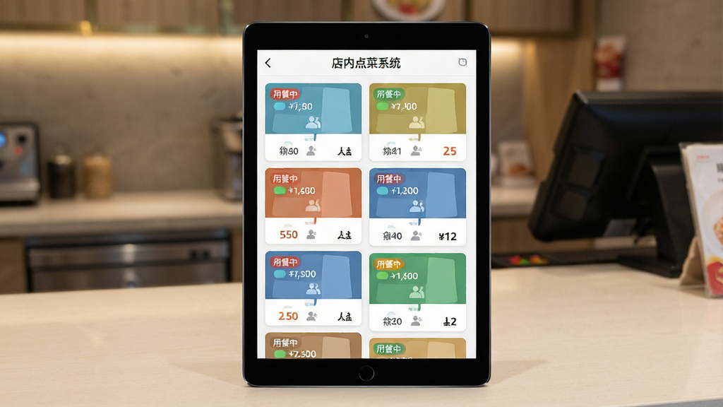 画面主体是一块竖屏平板电脑,屏幕上显示“店内点菜系统”的桌台管理界面,多个桌号卡片以网格形式排列,部分桌台标注“用餐中”状态并显示消费金额;布局为平板居中,背景是餐厅前台桌面;排版上界面元素整齐排列,桌号卡片色彩区分清晰;风格为扁平化UI展示风格,画面干净利落;细节包括桌台状态标签、人数图标、金额数字等;画质高清,干净,无多余元素