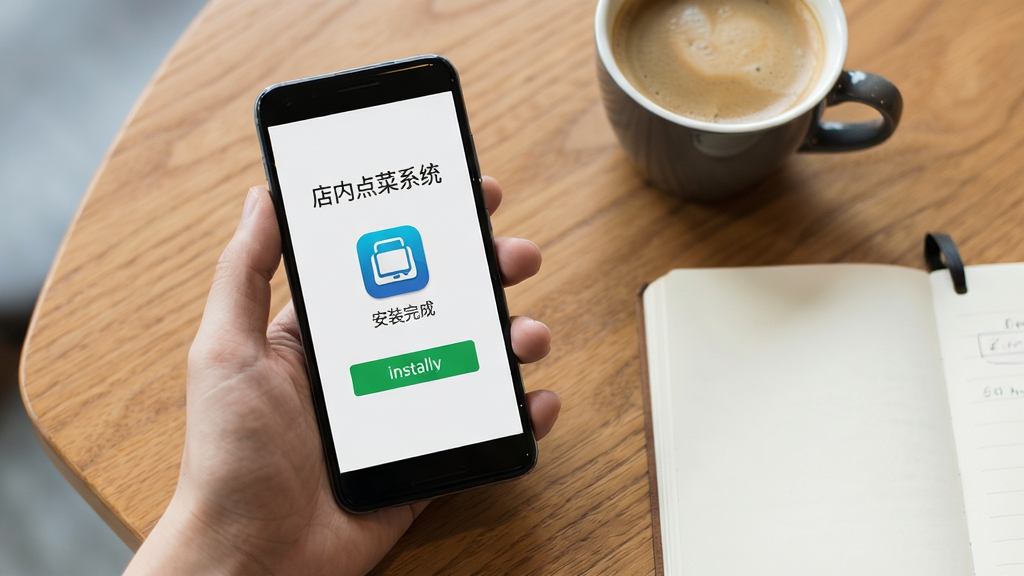 画面主体是一只手拿着安卓手机,屏幕上显示“店内点菜系统”的安装完成界面和应用图标,手机旁边放着一杯咖啡和一本记事本;布局为手部特写加桌面俯拍;排版上手机位于画面中央偏左,右侧留白放置记事本;风格为清新生活摄影风;细节包括手机屏幕上的应用图标、安装按钮、桌面木纹质感等;画质高清,干净,无多余元素