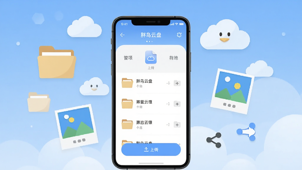 画面中央放置一部智能手机,手机屏幕上显示“胖鸟云盘”应用主界面,界面中有文件列表和上传按钮,手机周围环绕漂浮的云朵图标、文件夹图标、照片缩略图和分享箭头,背景为浅蓝色渐变天空,整体采用扁平化插画风格,细节干净清晰,画质高清,无多余元素