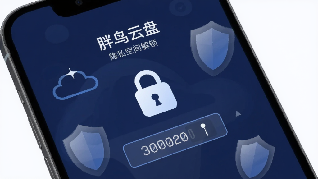 一部手机屏幕显示“胖鸟云盘”隐私空间解锁界面,界面中央有锁形图标和密码输入框,背景为深蓝色调,周围有半透明盾牌元素,扁平化安全主题插画,画面干净,重点突出锁与密码框,画质清晰