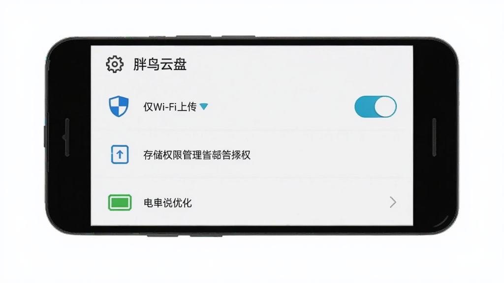 一部安卓手机屏幕显示“胖鸟云盘”设置界面,界面上有“仅Wi-Fi上传”开关、存储权限管理入口和电池优化选项,旁边有盾牌与齿轮图标,背景为浅灰白色,扁平化实用风格,画面整洁,画质清晰