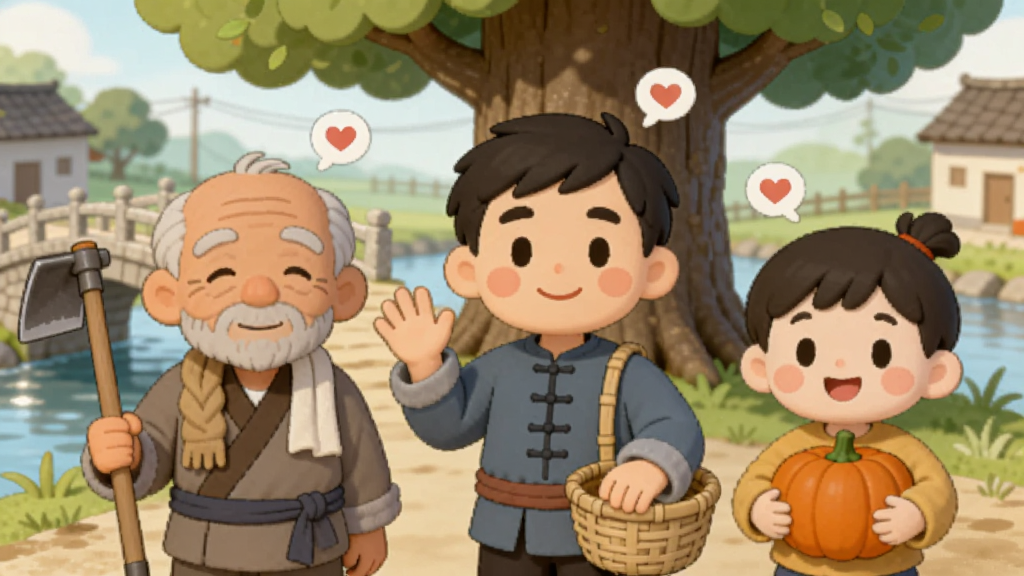 画面主体是三位卡通风格的村民站在村口大树下,面带微笑向画面外挥手。布局为左中右三人并排,背景是村口石桥和溪流。排版采用半身像特写,风格为日系治愈绘本风,细节包括左侧老人手持锄头、中间青年挎着竹篮、右侧孩童抱着南瓜,人物头顶有小小的爱心气泡,画质圆润可爱,色彩温暖,干净无多余元素。